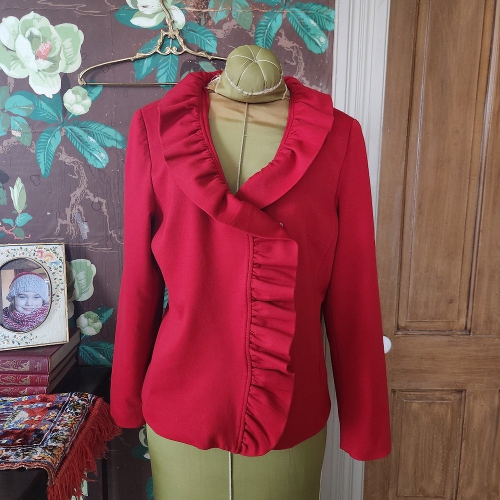 INC International Concepts Petite Red Ruffle Front Blazer  Tailored Fit Size PL